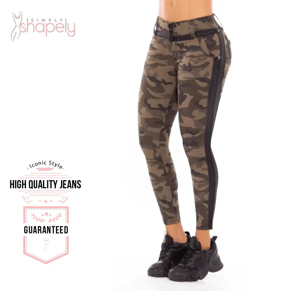 56778 mid rise butt lift in camouflaged green color colombian jeans