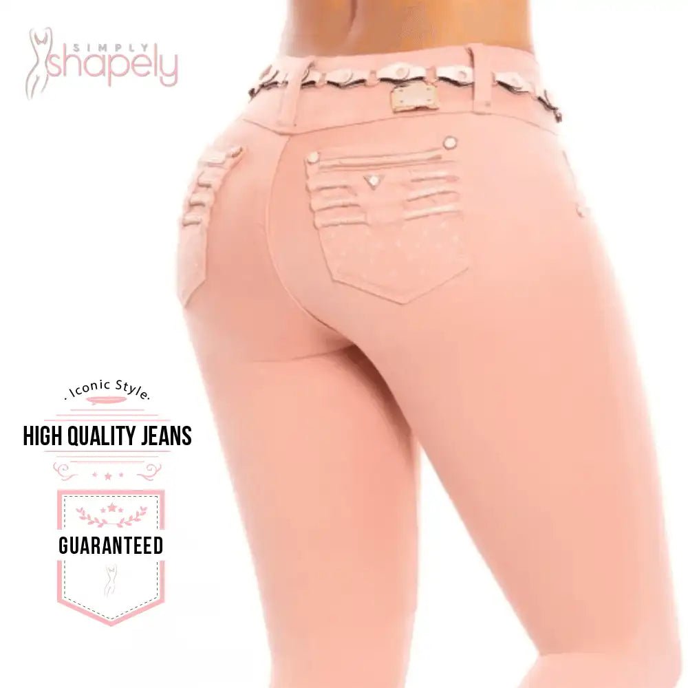 mid rise butt lift in khaki and old rose colombian jeans