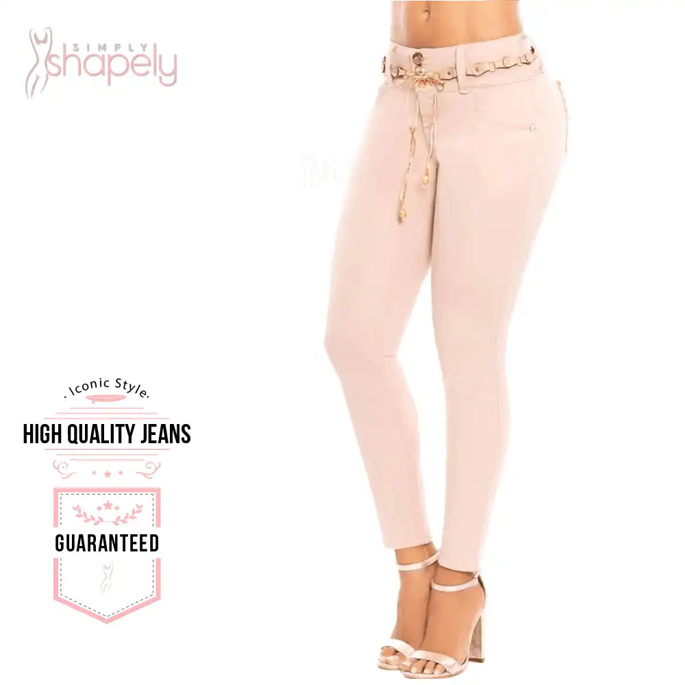 56790 mid rise butt lift in khaki and old rose colombian jeans