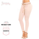 56790 mid rise butt lift in khaki and old rose colombian jeans