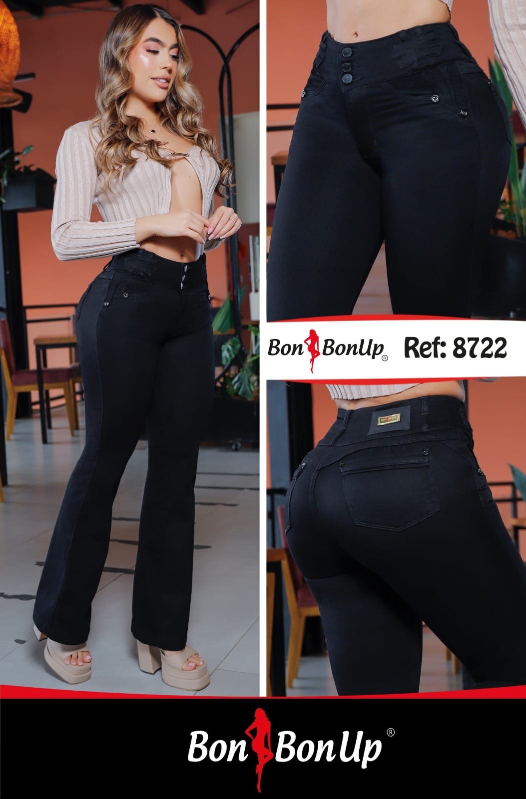BonBonUp 8722 Black Colombian Boot Cut Jeans | High-Waist Butt Lifting Stretch Jeans