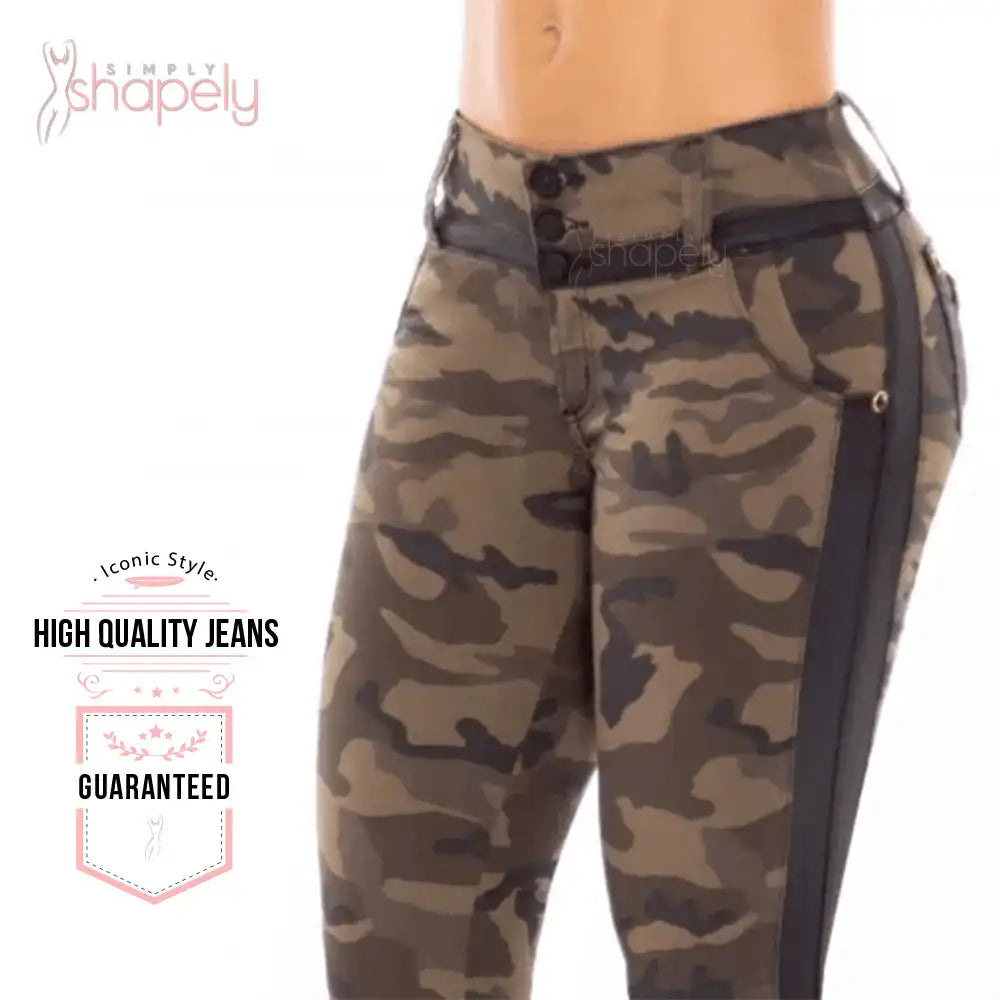 mid rise butt lift in camouflaged green color colombian jeans
