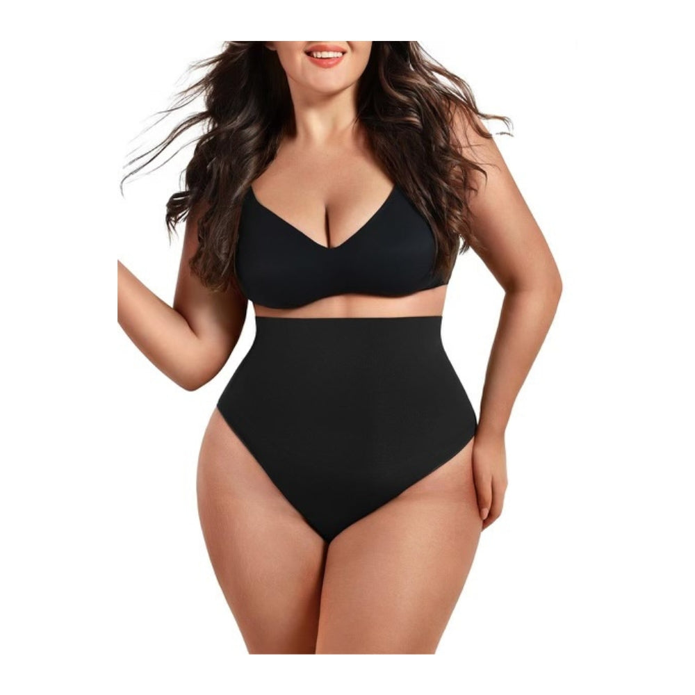 Woman wearing a black swimsuit on a white background